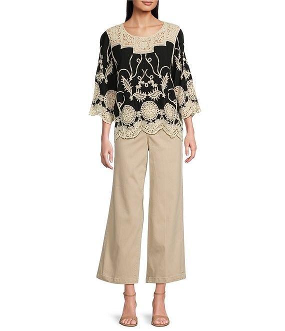 Leo & Nicole Woven Allover Embroidered Scoop Neck 3/4 Sleeve Lace Yoke Top Product Image