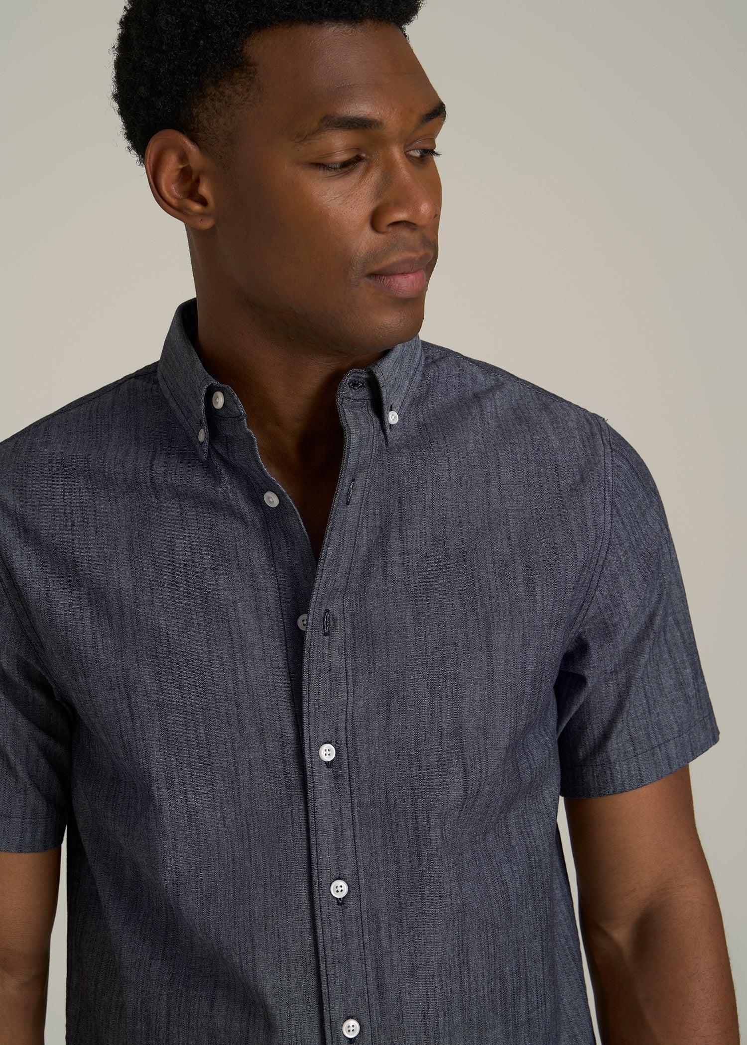 Short Sleeve Stretch Chambray Shirt for Tall Men in Dark Blue Chambray Product Image