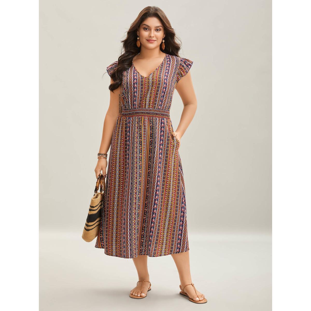 Plus Size Sunny Stripes Pockets Shirred Midi Dress Multicolor Women V-neck Cap Sleeve Curvy BloomChic 26/4X Product Image
