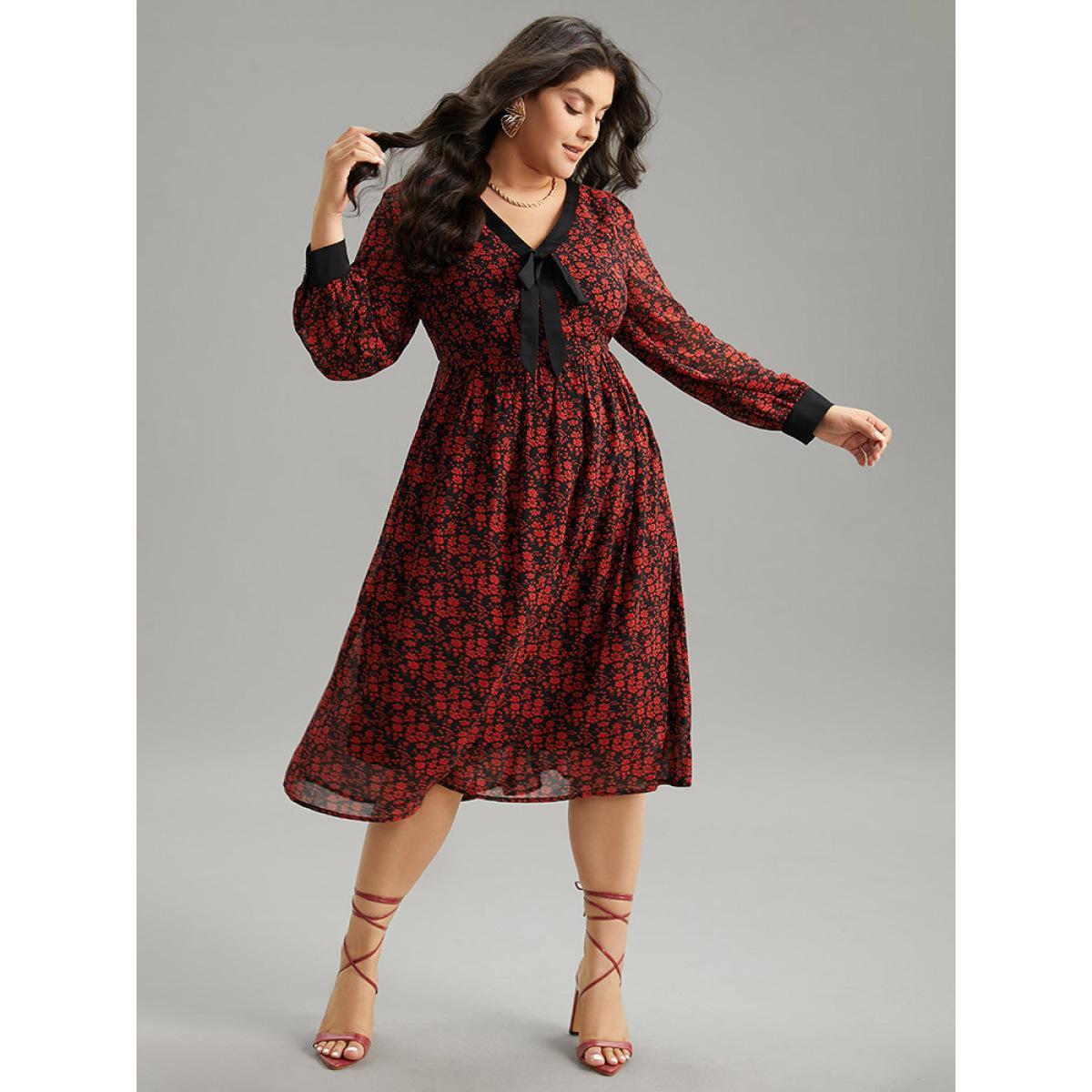 Plus Size Ditsy Floral Patchwork Elastic Waist Ties Dress Black Women Vacation Cross straps Tie Neck Long Sleeve Curvy Midi Dress BloomChic 26/4X Product Image