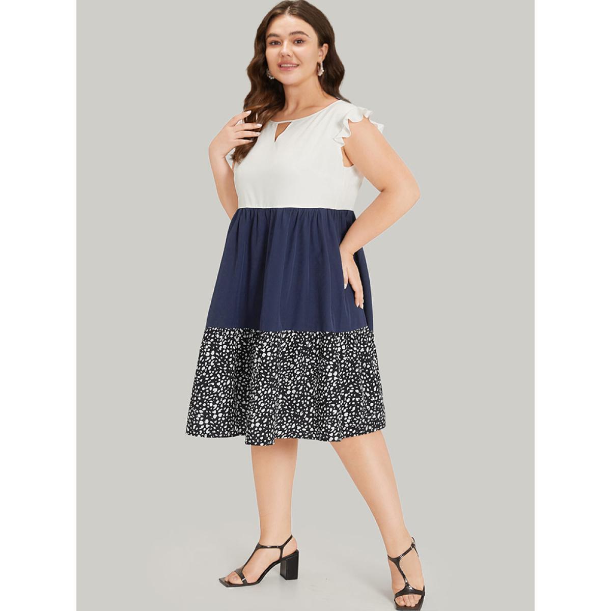 Plus Size Leopard Print Patchwork Ruffle Cap Sleeve Keyhole Dress DarkBlue Women Elegant Patchwork Keyhole Cut-Out Cap Sleeve Curvy Knee Dress BloomChic 18-20/2X Product Image
