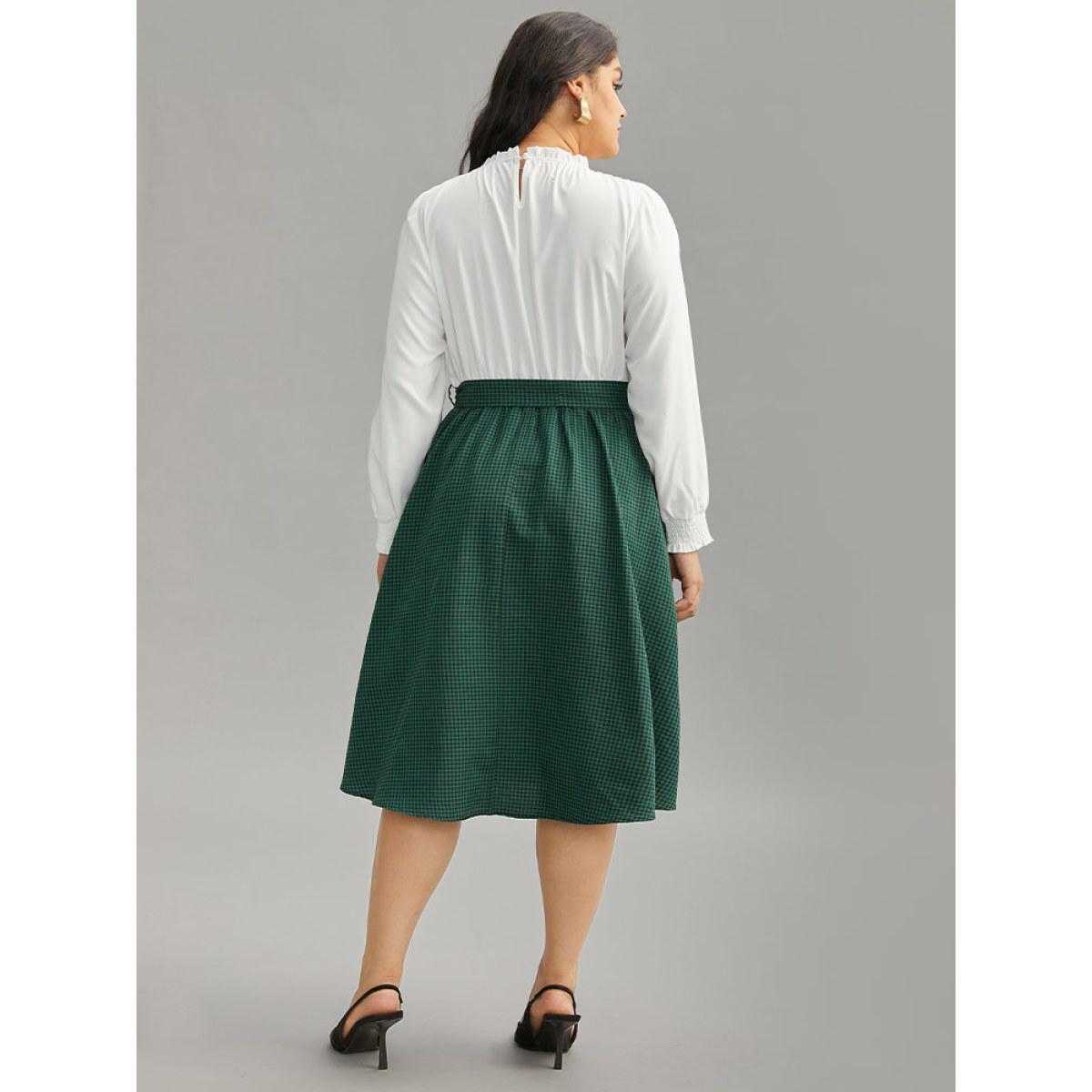 Plus Size Gingham Belted Frill Trim Button Detail Dress DarkGreen Women Elegant Printed Mock Neck Long Sleeve Curvy Midi Dress BloomChic 12/L Product Image