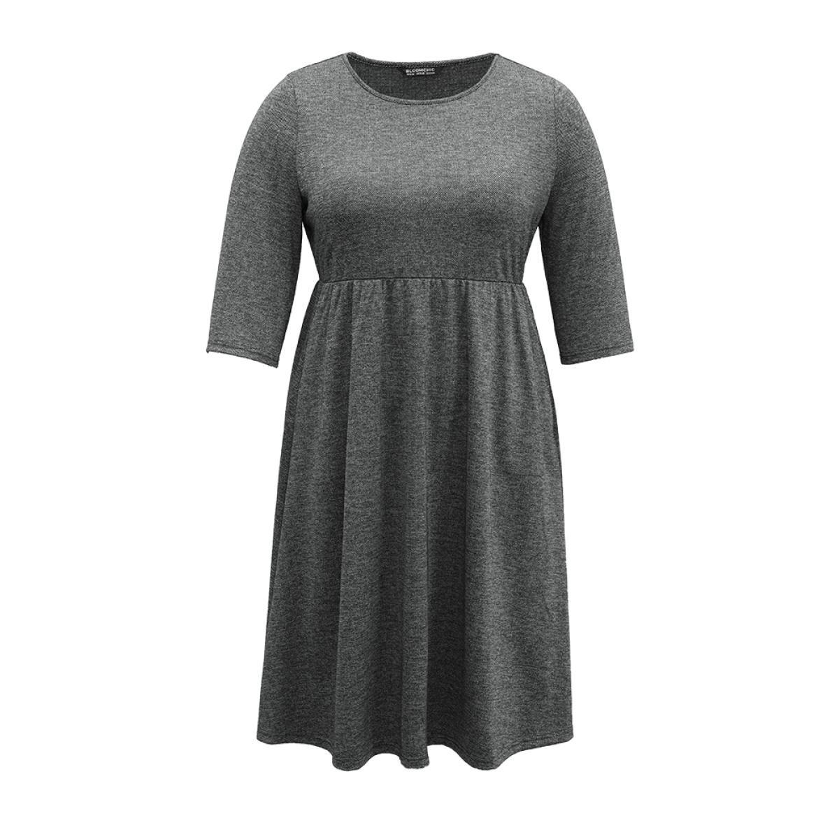 Plus Size Plain Textured Pocket Elastic Waist Gathered Dress DarkGray Women Casual Texture Round Neck Elbow-length sleeve Curvy Midi Dress BloomChic 10/M Product Image