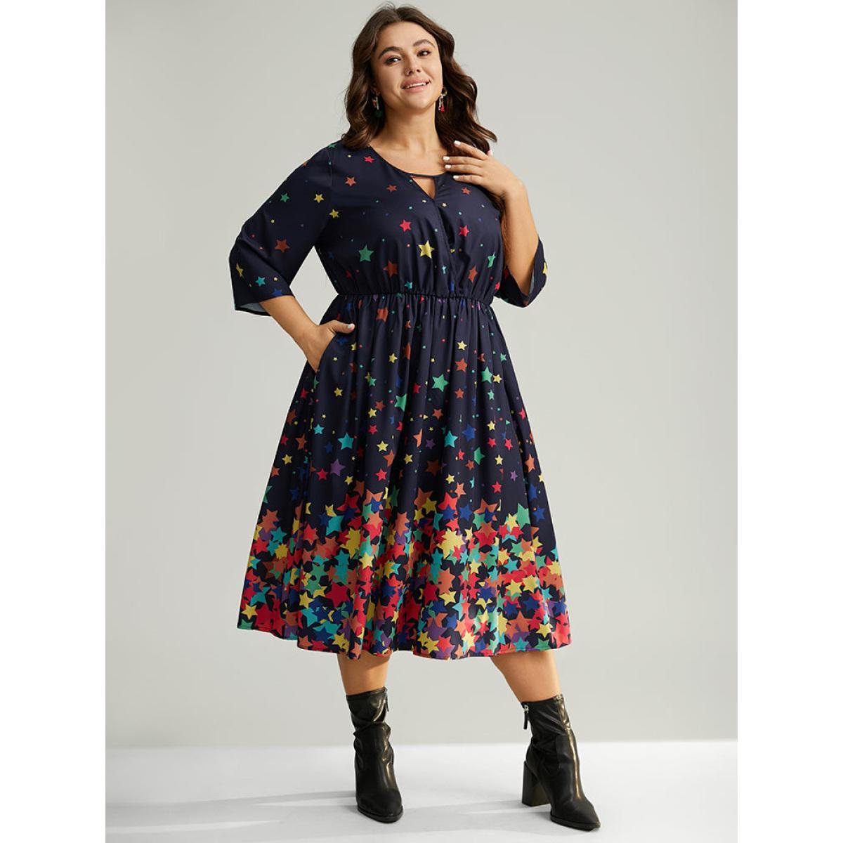 Plus Size Star Print Keyhole Pocket Elastic Waist Dress Indigo Women Elegant Printed Keyhole Cut-Out Elbow-length sleeve Curvy Midi Dress BloomChic 22-24/3X Product Image