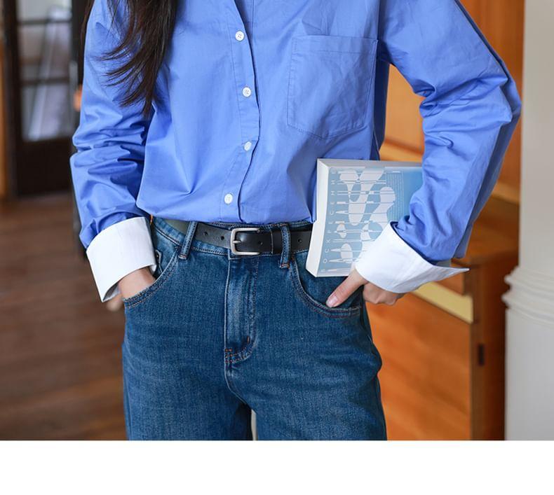 Long-Sleeve Contrast Cuff Button-Up Shirt Product Image