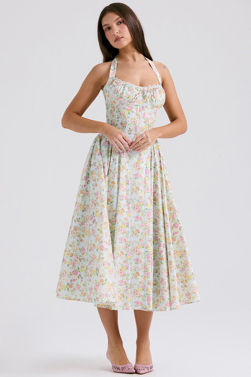 Adabella Pale Blue Meadow Print Cotton Halter Sundress Product Image