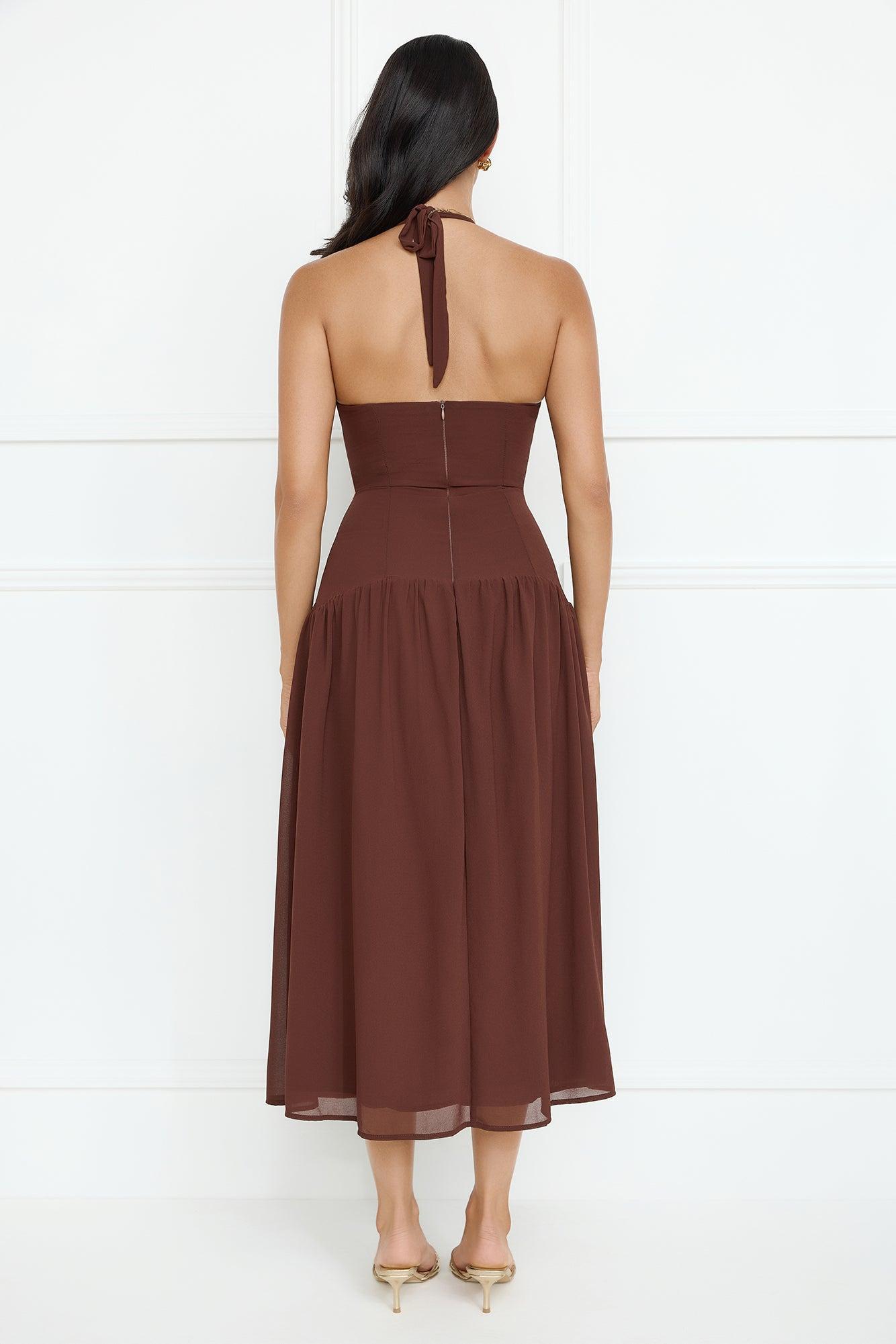 Sassy Style Halter Midi Dress Brown Product Image