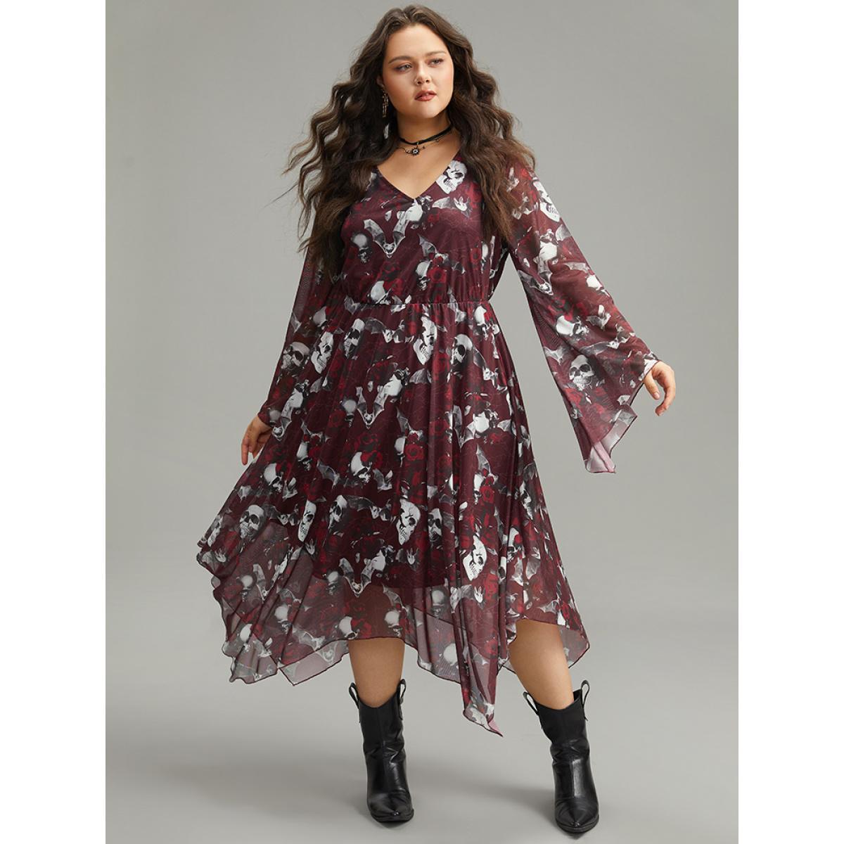 Plus Size Halloween Skull & Floral Print Bell Sleeve Dress Burgundy Women Elegant See through V-neck Long Sleeve Curvy Midi Dress BloomChic 18-20/2X Product Image