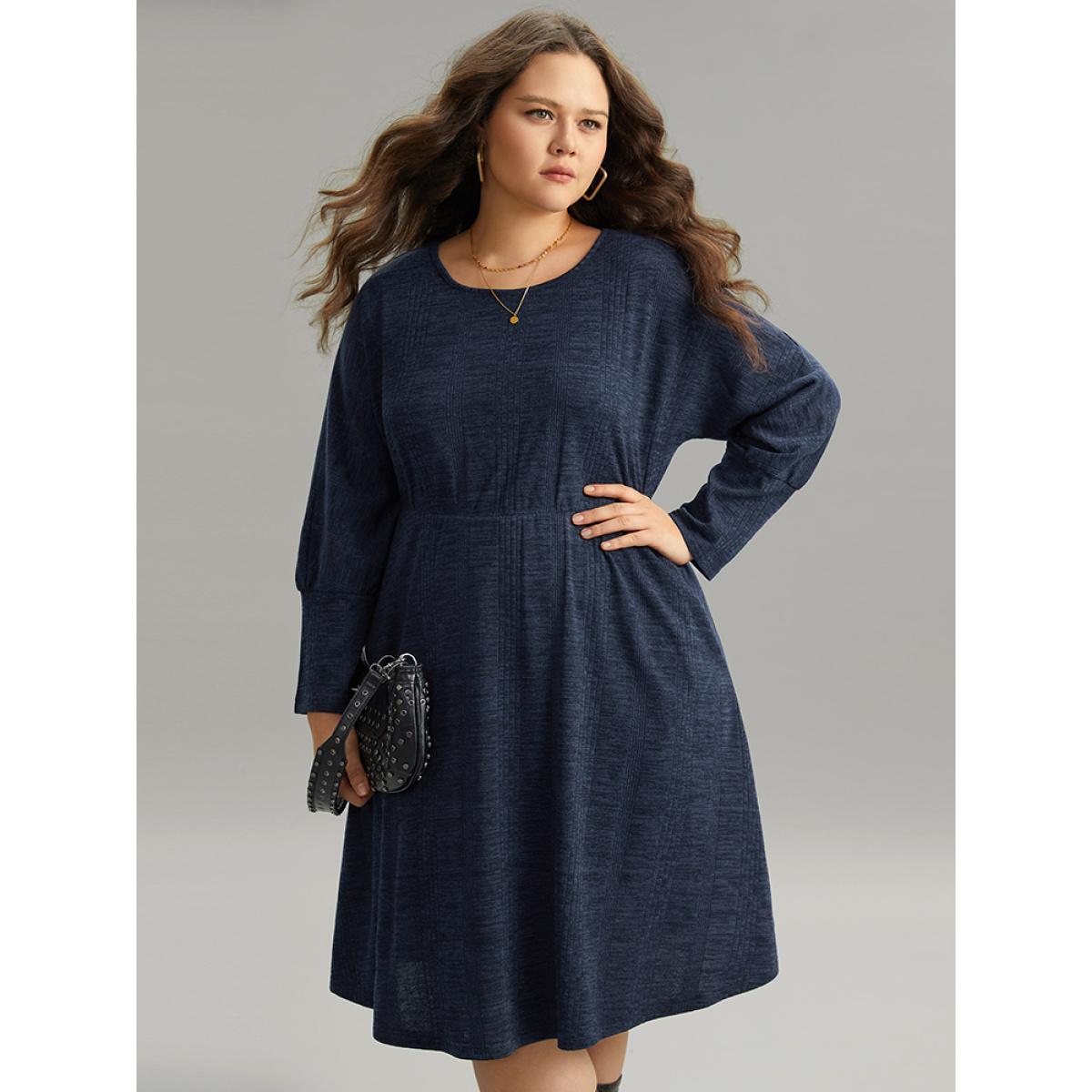 Plus Size Plain Textured Pocket Elastic Waist Dress Indigo Women Casual Texture Round Neck Long Sleeve Curvy Midi Dress BloomChic 22-24/3X Product Image