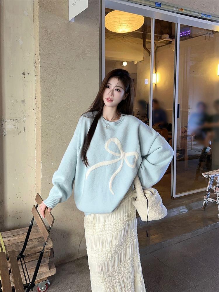 Round Neck Bow Print Oversized Sweater / Mid Rise Plain Ruffle Trim Maxi Skirt / Mid Rise Plain Wide Leg Pants Product Image