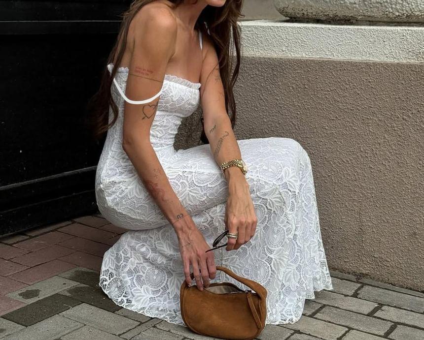 Spaghetti Strap Plain Frill Lace Maxi Sheath Dress Product Image