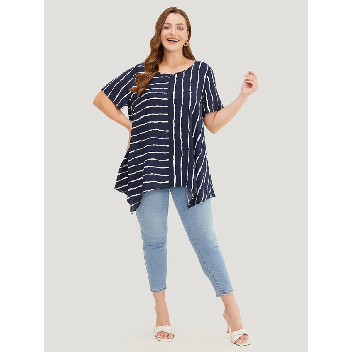 Plus Size Indigo Striped Patchwork Hanky Hem Blouse Women Office Short sleeve Round Neck Dailywear Blouses BloomChic 18-20/2X Product Image
