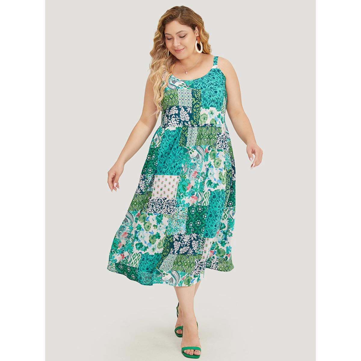 Plus Size Pixel Flower Pocket Ruffle Hem Cami Dress Multicolor Women Vacation Adjustable Straps Spaghetti Strap Sleeveless Curvy Midi Dress BloomChic 22-24/3X Product Image