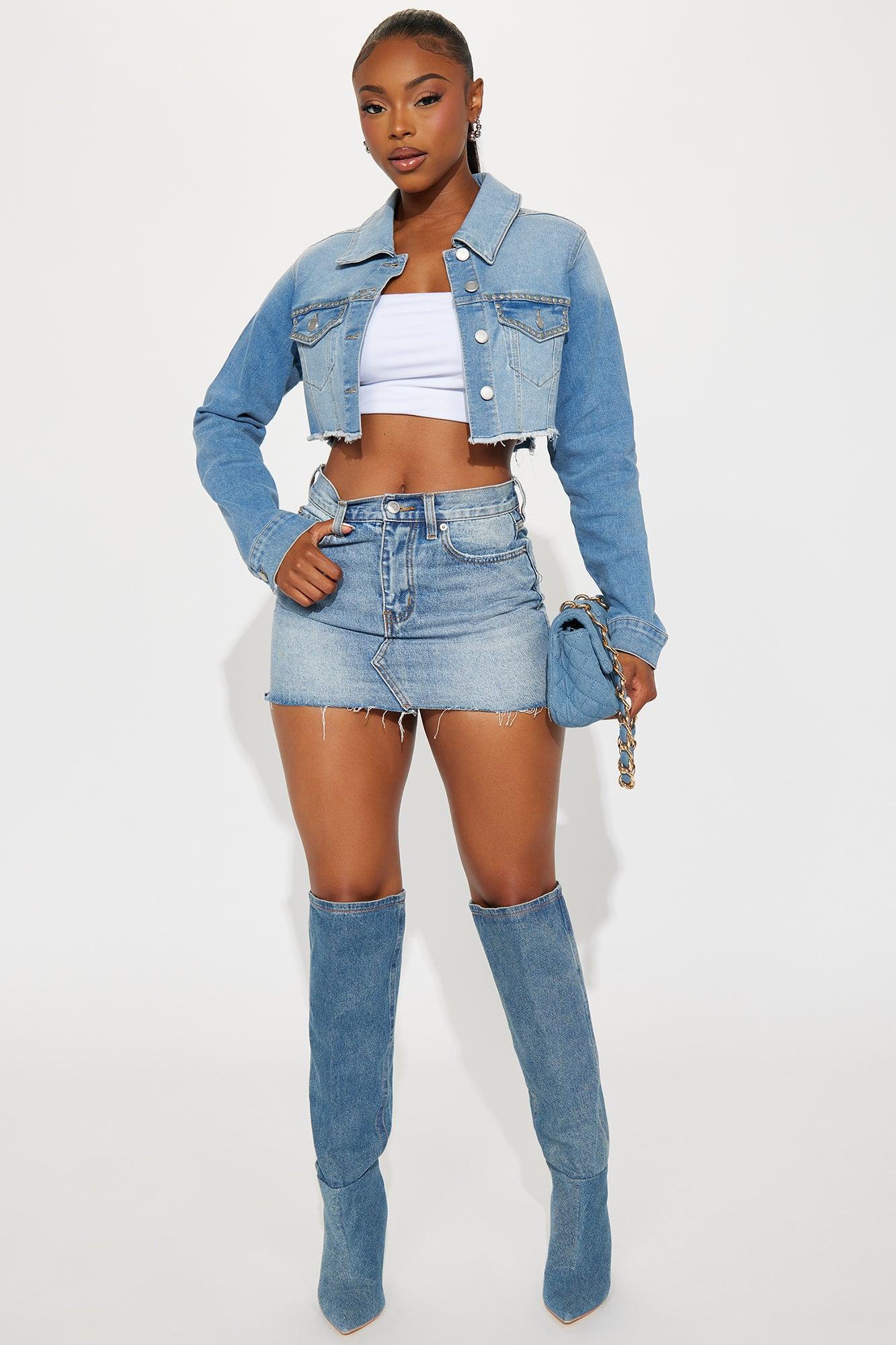 Venice Studded Cropped Denim Jacket - Light Wash Product Image