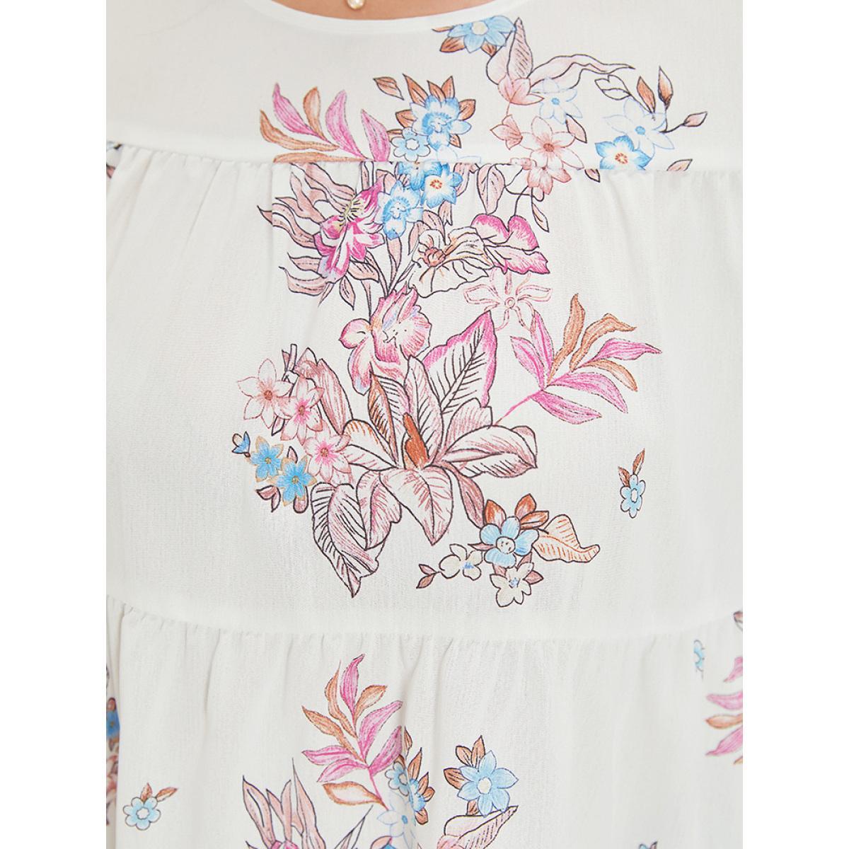 Plus Size White Floral Print Patchwork Ruffle Layered Hem Lantern Sleeve Blouse Women Elegant Half Sleeve Round Neck Dailywear Blouses BloomChic 28/5X Product Image
