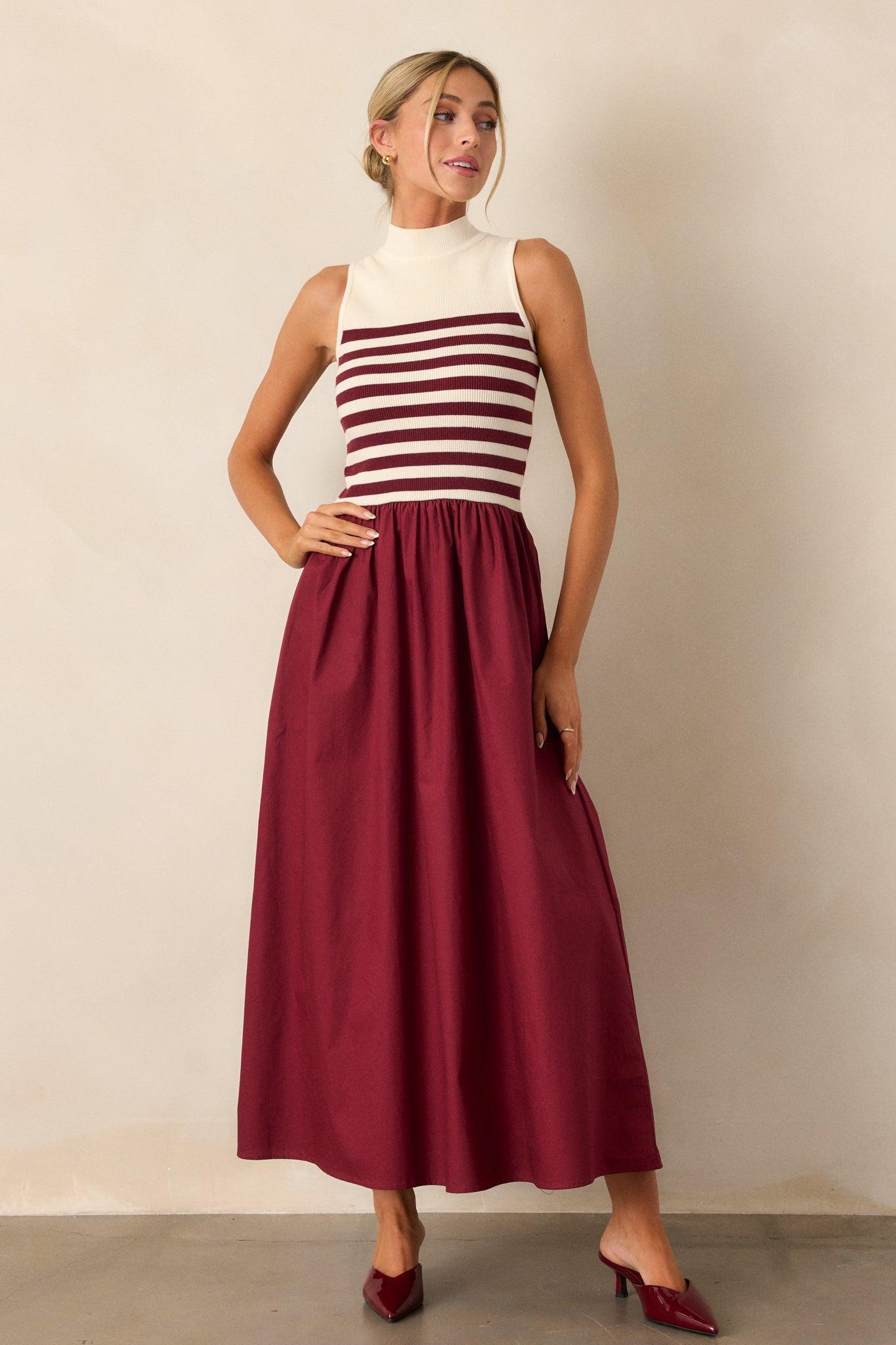 Timeless Treasures Burgundy Sleeveless Striped Maxi Dress Product Image