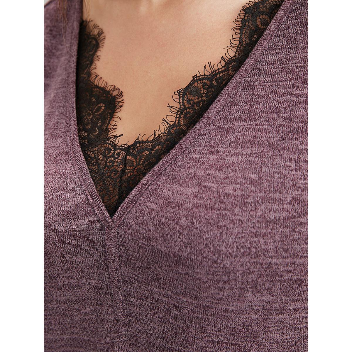 Plus Size Solid Lace Trim V Neck Long Tee Burgundy Women Elegant Lace Plain V-neck Dailywear T-shirts BloomChic 26/4X Product Image