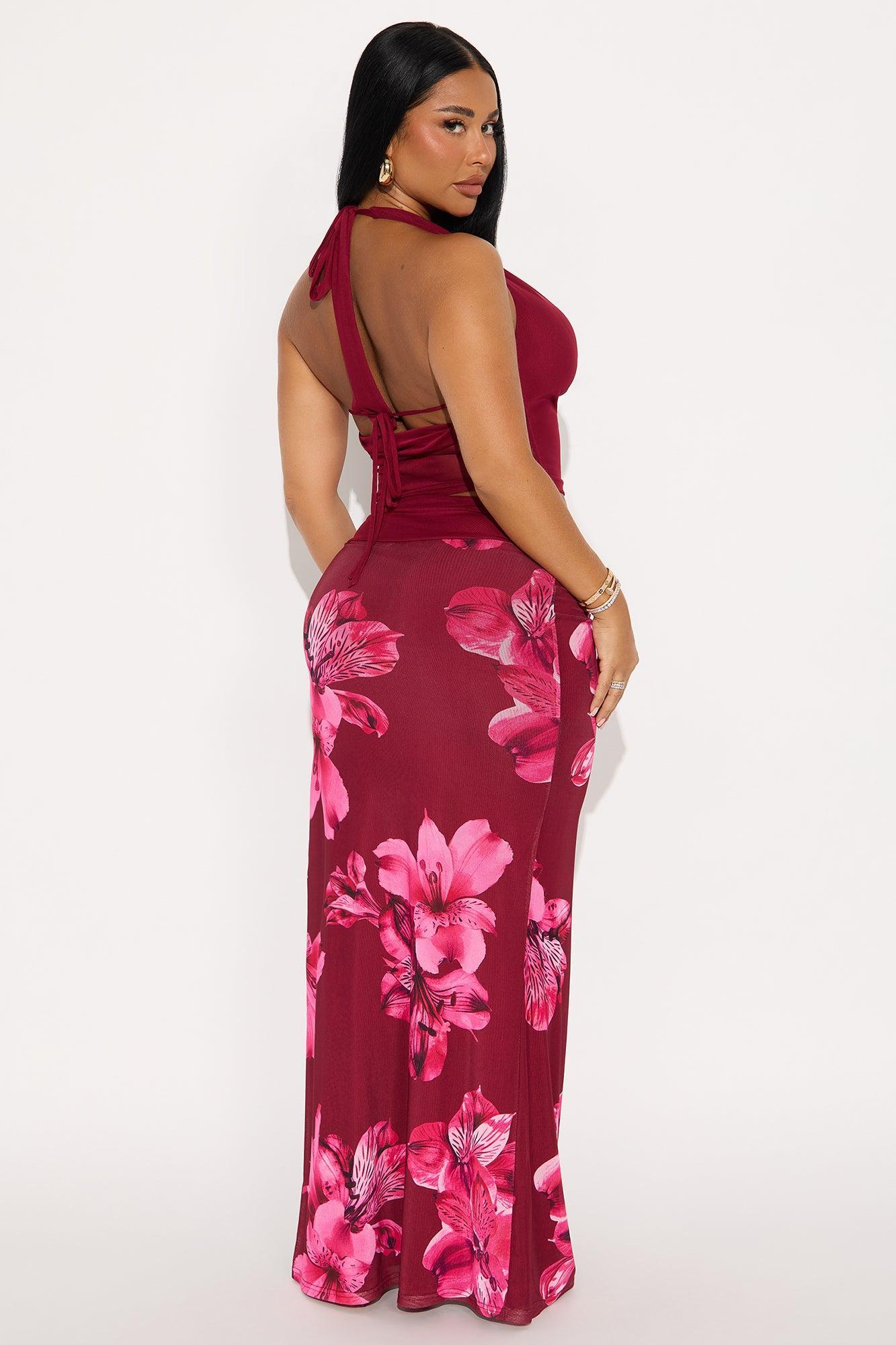 Julissa Mesh Halter Maxi Skirt Set - Wine Female Product Image