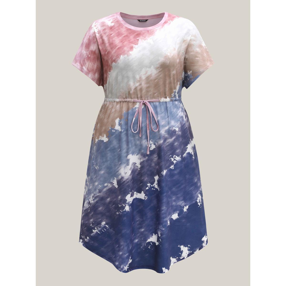 Plus Size Colorful Stripes Waist-Tie Midi Dress Multicolor Women Round Neck Short sleeve Curvy BloomChic 18-20/2X Product Image