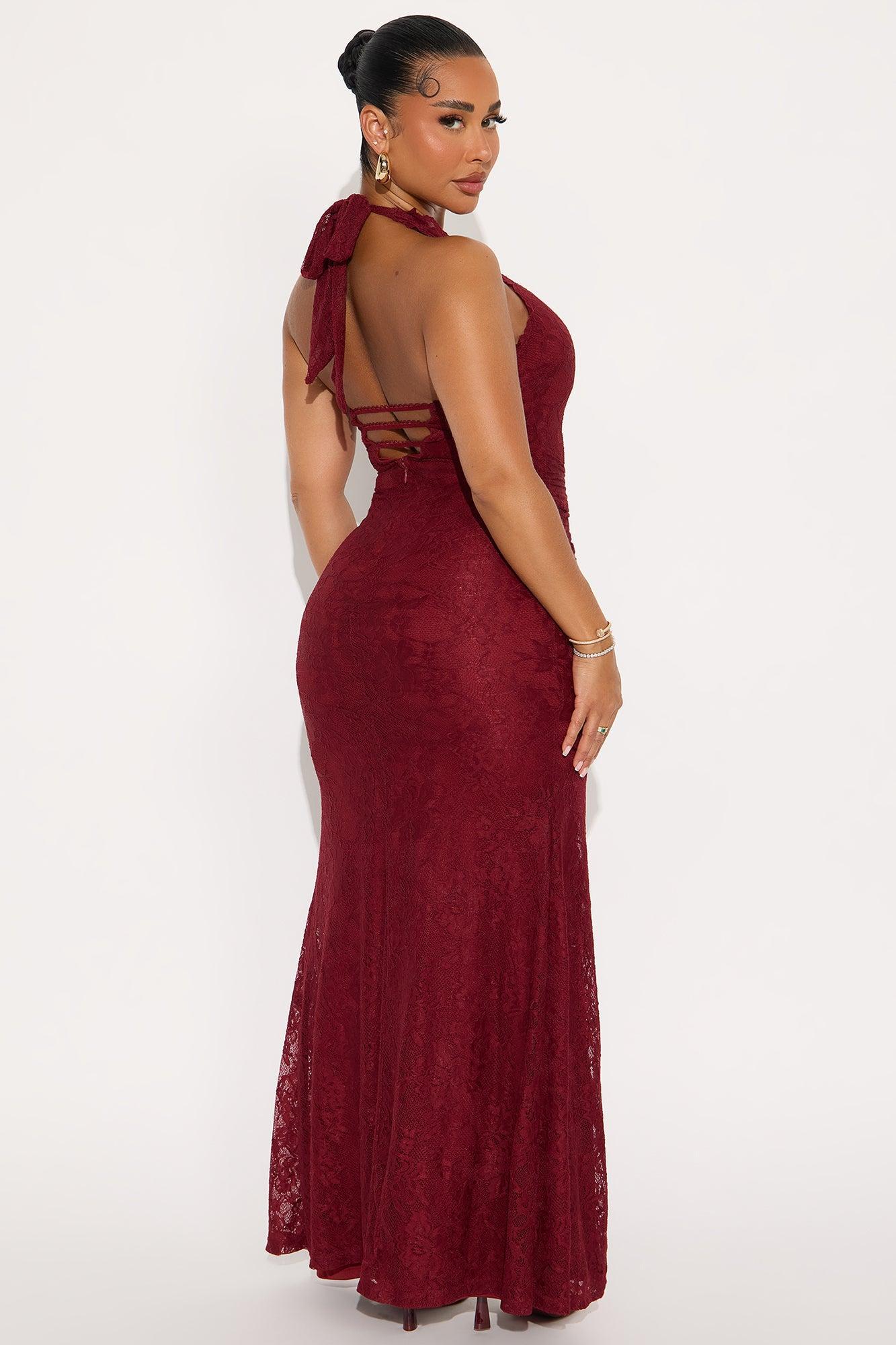 Lace Love Halter Maxi Dress - Burgundy Product Image