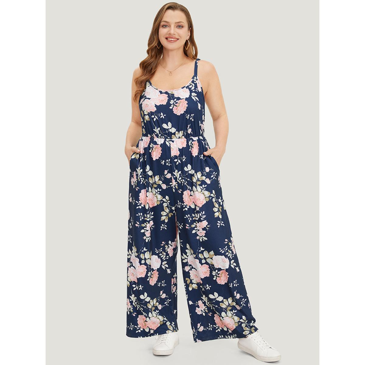 Plus Size DarkBlue Floral Print Pocket Scoop Neck Cami Jumpsuit Women Casual Sleeveless Spaghetti Strap Dailywear Loose Jumpsuits BloomChic 14-16/1X Product Image