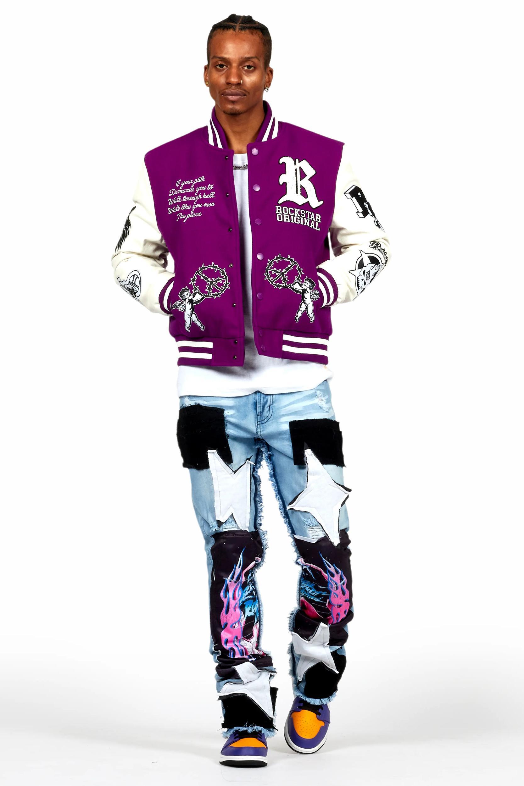 Helios Blue Patchwork Stacked Flare Jean Male Product Image