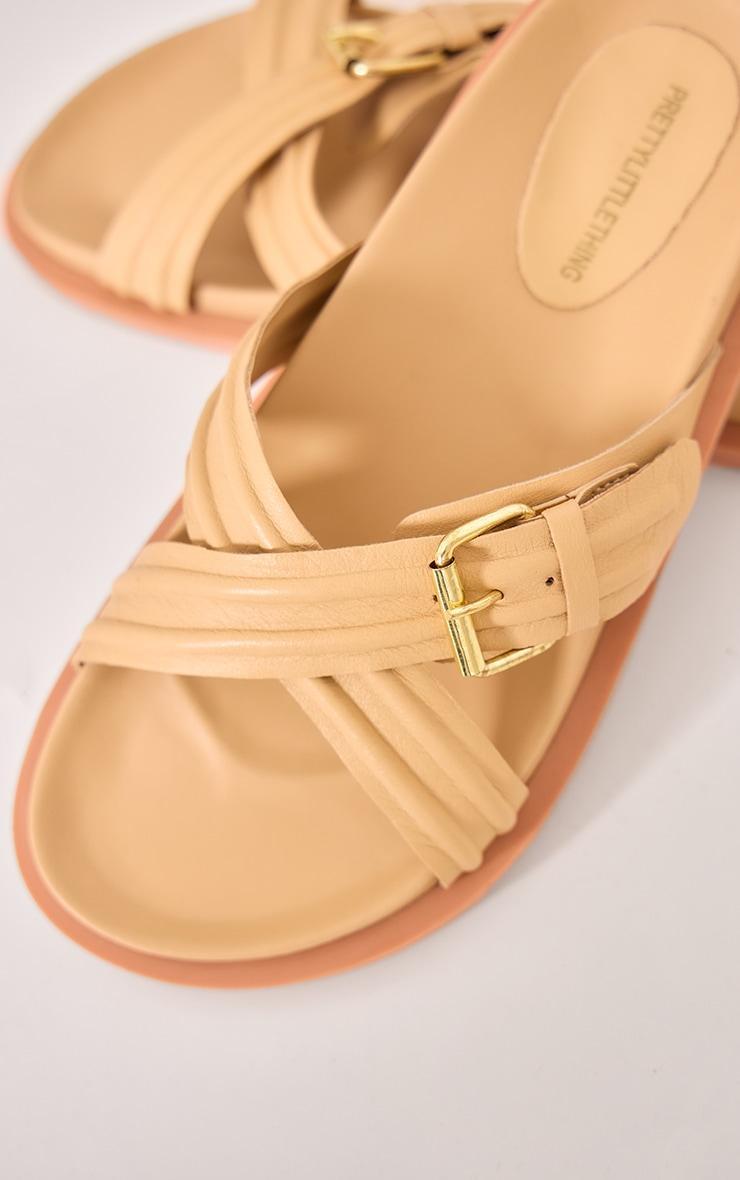 Cream Real Leather Round Toe Cross Over Buckle Detail Strap Footbed Sandals Product Image