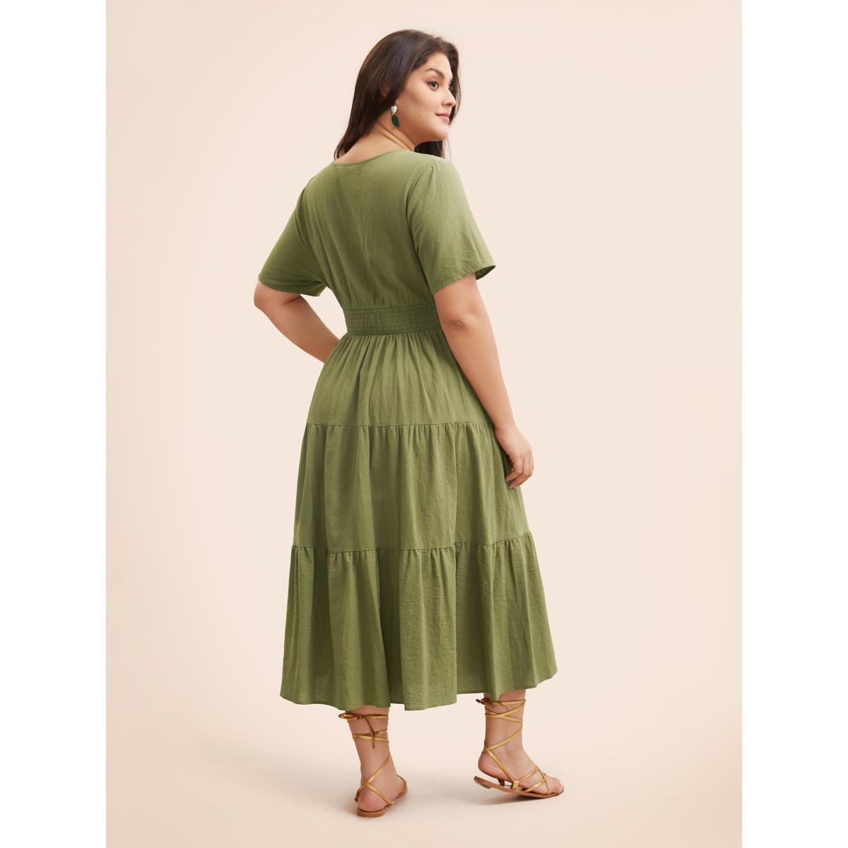 Plus Size Notched Shirred Ruffle Layered Hem Dress Olive Women Elegant Shirred Flat collar with V-notch Short sleeve Curvy BloomChic 10/M Product Image
