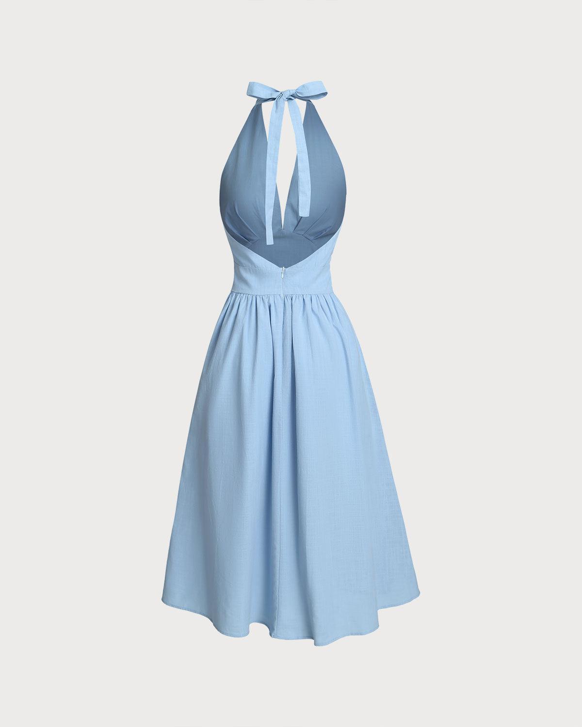 Blue Halter Pleated Midi Dress Product Image