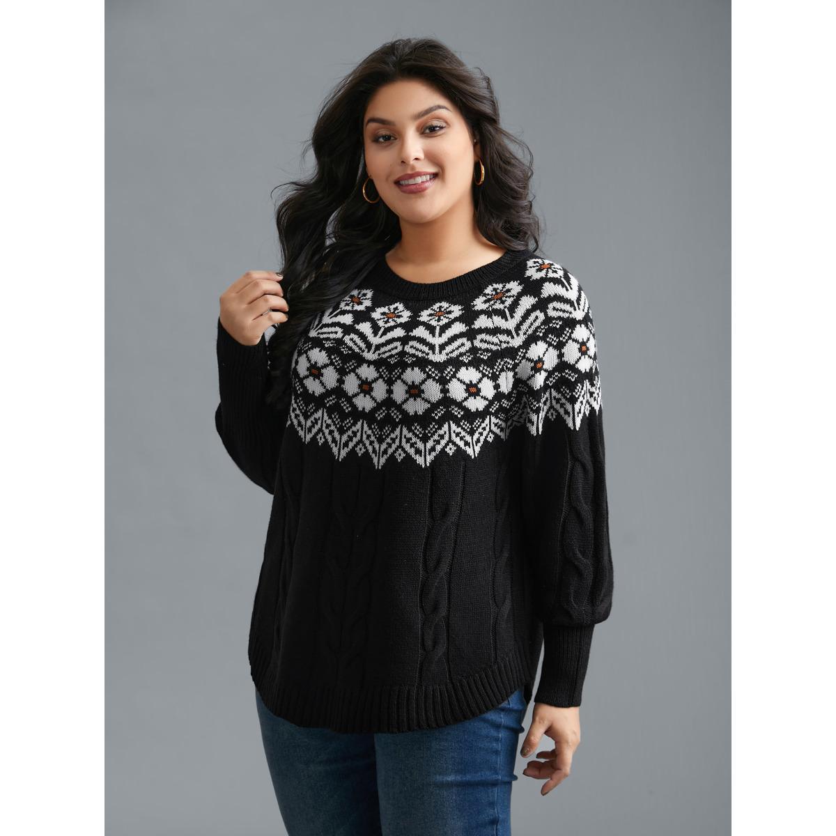 Plus Size Floral Cable Knit Curved Hem Pullover Black Women Casual Loose Long Sleeve Round Neck Everyday Pullovers BloomChic 18-20/2X Product Image