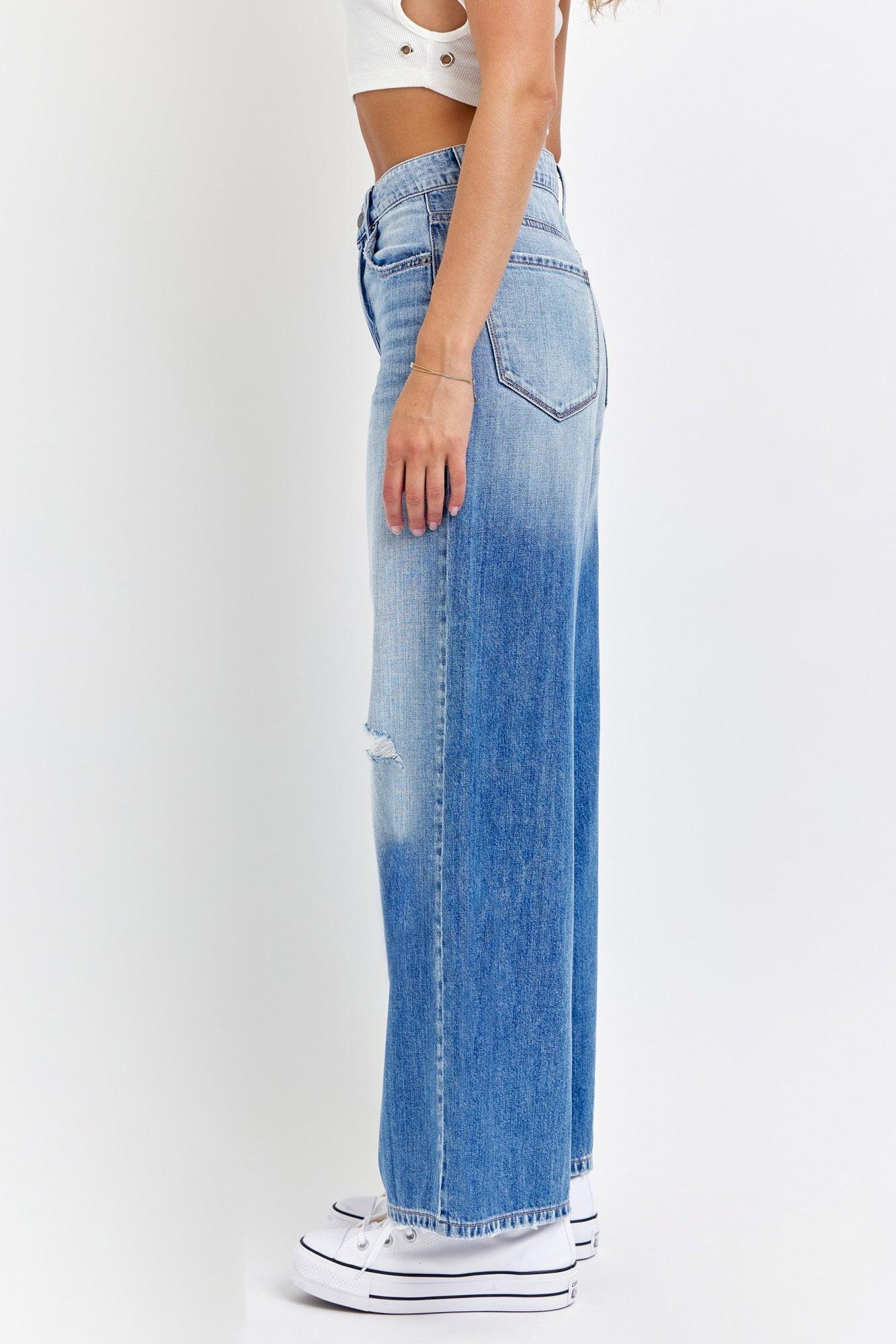Medium Light Wash Destroyed Wide Leg Jeans - FINAL SALE Product Image