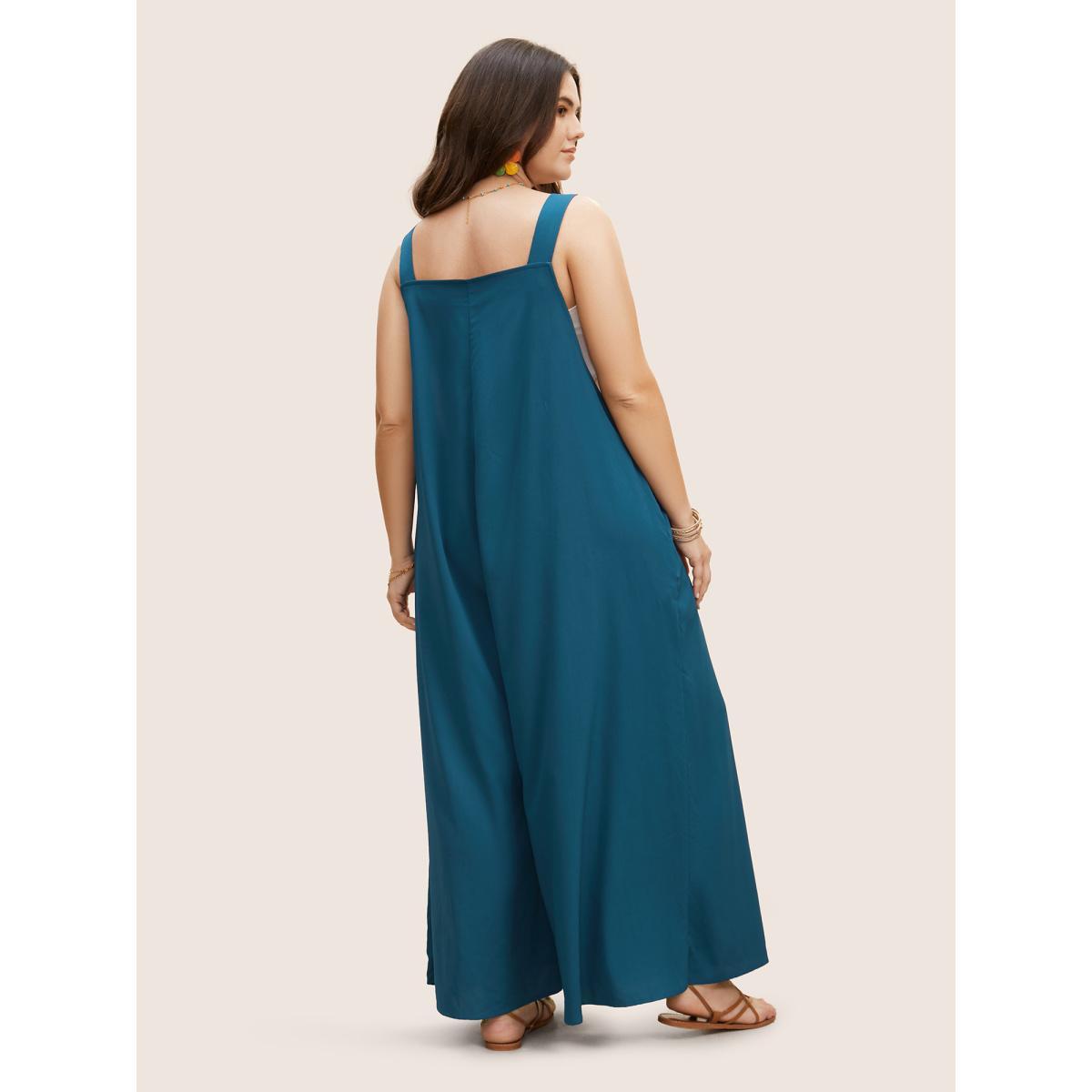 Plus Size Aegean Pointelle Knit Patchwork Button Detail Loose Jumpsuit Women Casual Sleeveless Square Neck Everyday Loose Jumpsuits BloomChic 30/6X Product Image