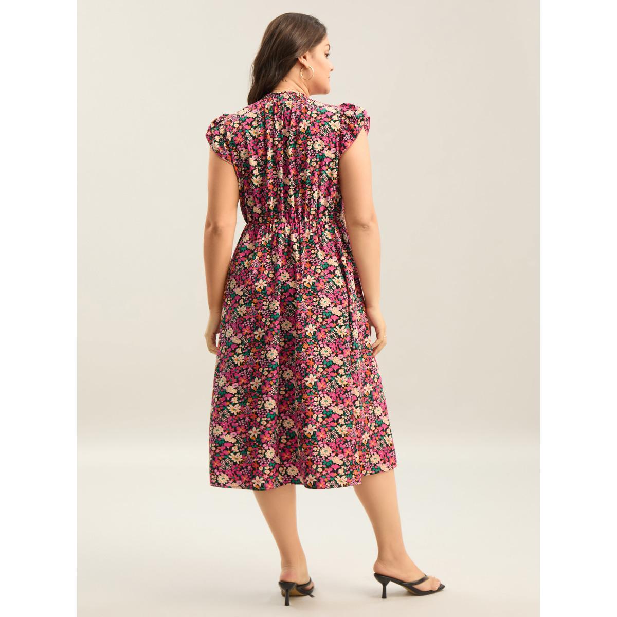 Plus Size Floral Print Shirred Pockets Midi Dress BlackFlower Women Elegant Frill Trim Mock Neck Cap Sleeve Curvy BloomChic 28/5X Product Image