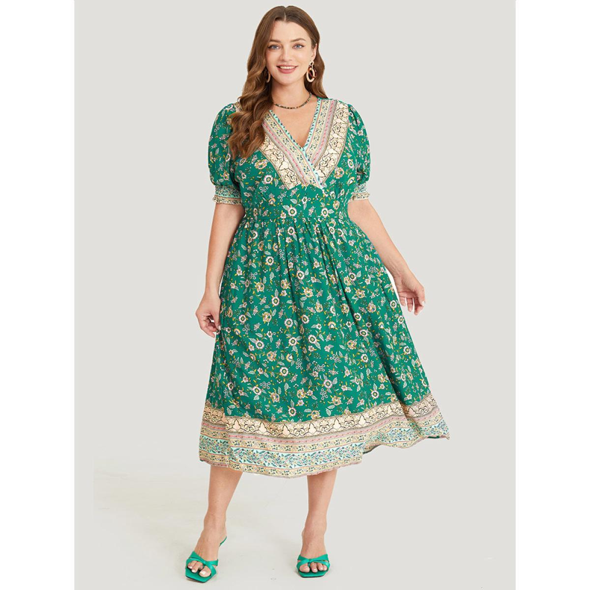 Plus Size Bandana Print Surplice Neck Pocket Shirred Puff Sleeve Dress Emerald Women Vacation Overlap Collar Short sleeve Curvy Midi Dress BloomChic 12/L Product Image