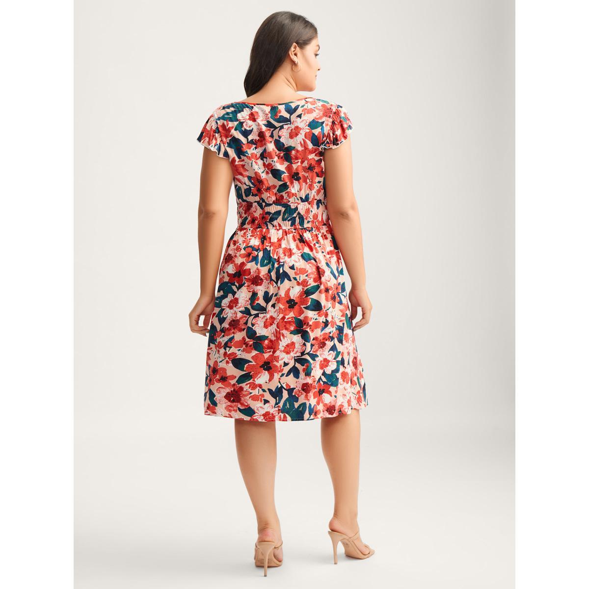 Plus Size Floral Three-Layered Stretchy Waist Midi Dress Coral Women V-neck Cap Sleeve Curvy BloomChic 22-24/3X Product Image