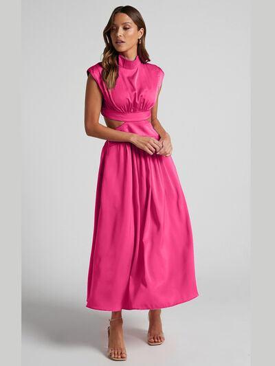Cutout Mock Neck Sleeveless Ruched Dress Product Image