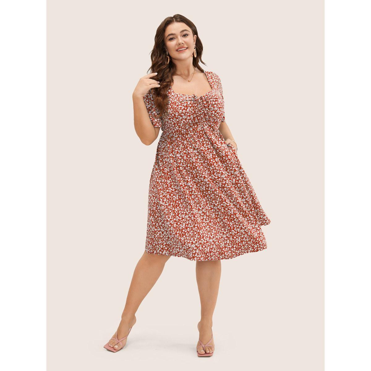 Plus Size Ditsy Floral Ruched Pocket Flutter Drawstring Knee Dress Crimson Women Elegant Non V-neck Short sleeve Curvy Knee Dress BloomChic 28/5X Product Image