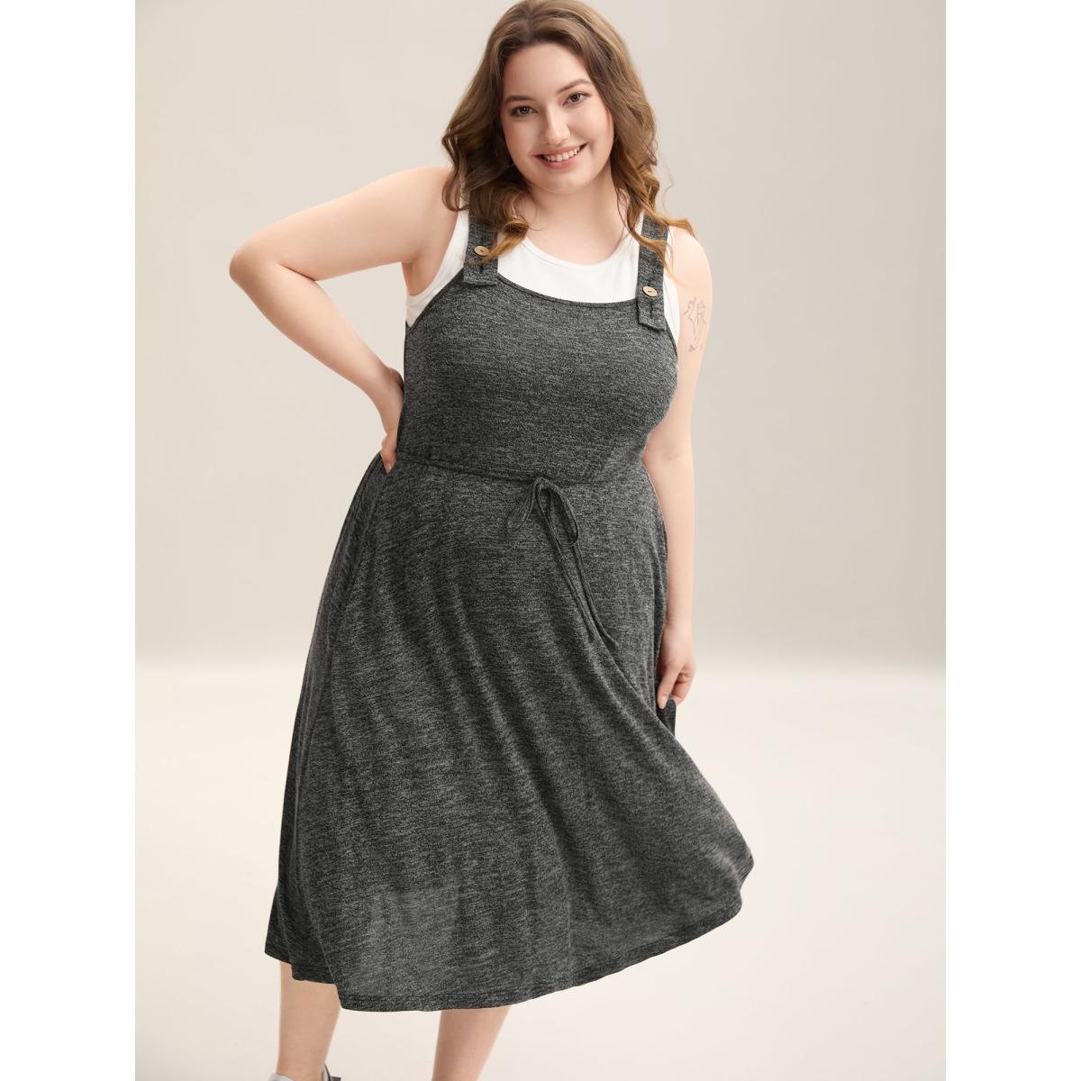 Plus Size Super Stretchy Overall Straps Knit Midi Dress Black Women Casual Drawstring Knit Dresses Bloomchic 28/5X Product Image