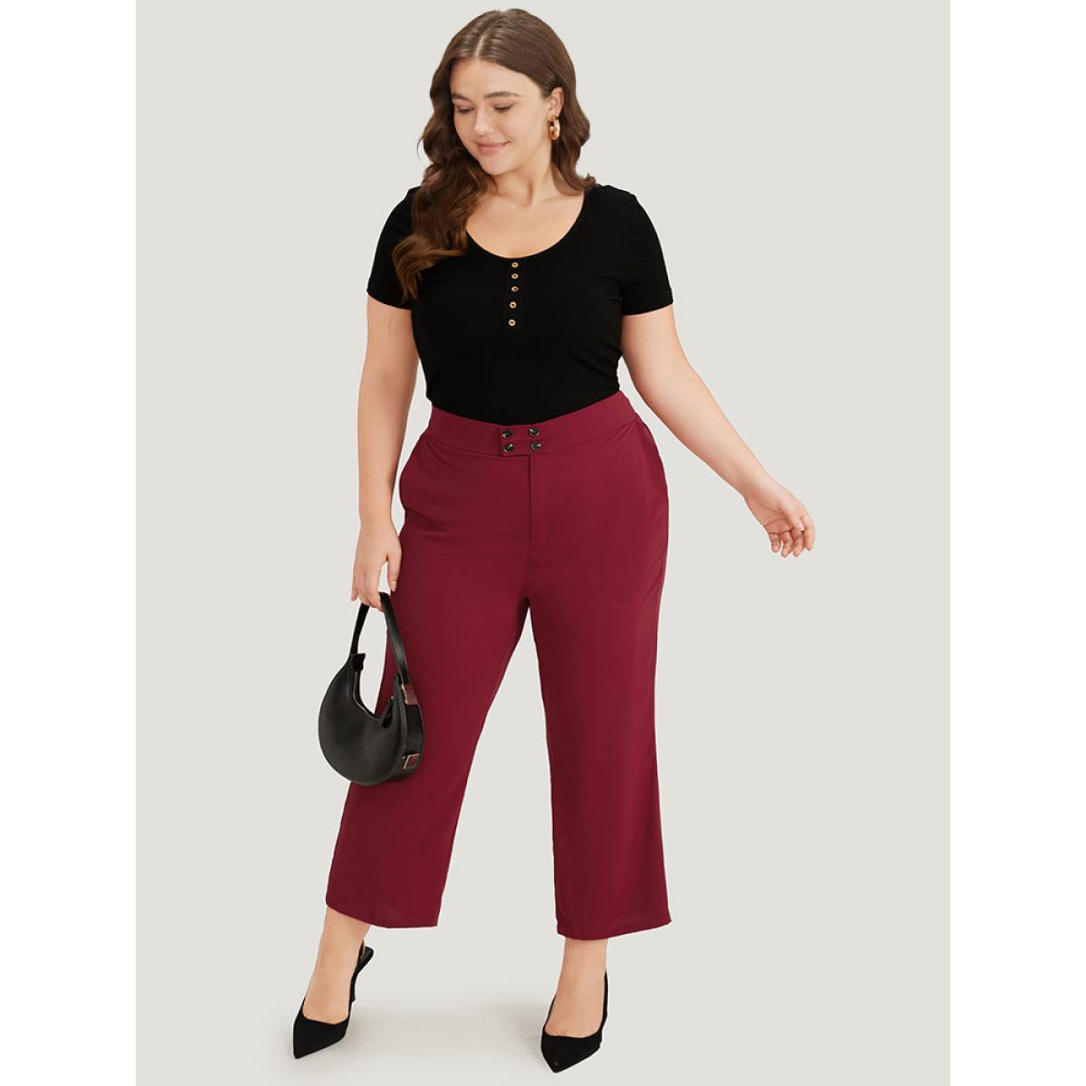 Plus Size Solid Button Detail Slant Pocket High Rise Pants Women Scarlet Office Straight Leg High Rise Work Pants BloomChic 12/L Product Image