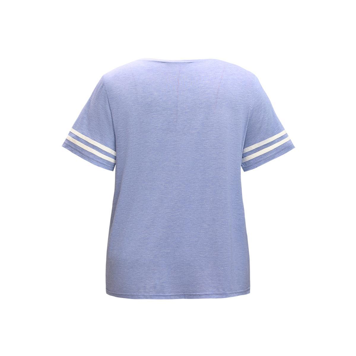 Plus Size Floral & Letter Print Contrast Round Neck Sleep Top Women LightBlue Casual Floral Contrast Round Neck Loungewear BloomChic 26/4X Product Image