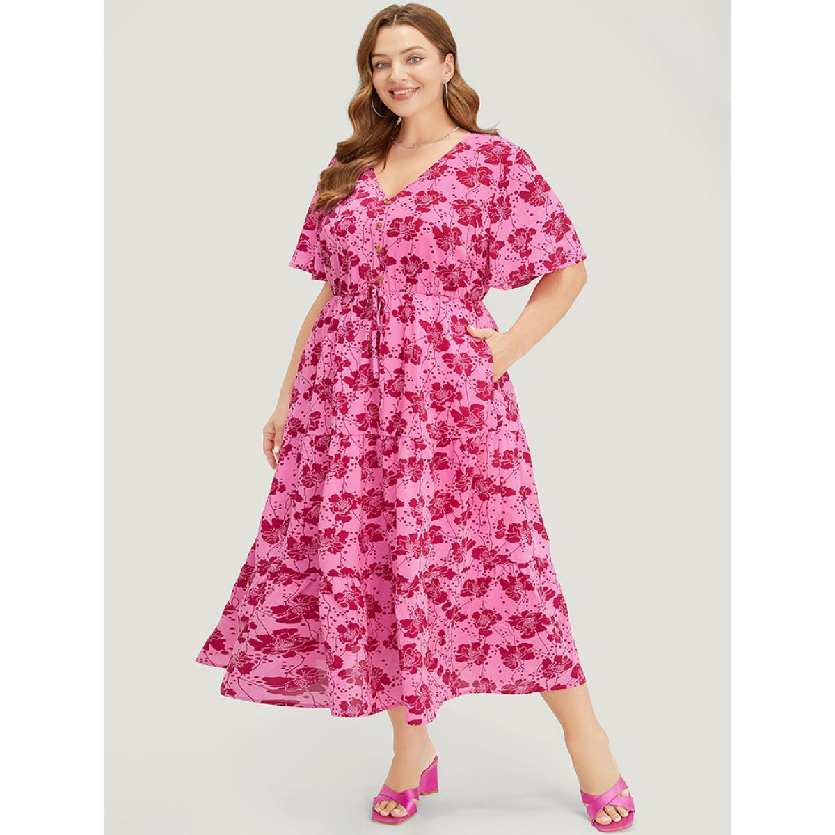 Plus Size Floral Button Detail Pocket Knotted Ruffle Hem Dress Pink Women Elegant Button V-neck Short sleeve Curvy Midi Dress BloomChic 30/6X Product Image