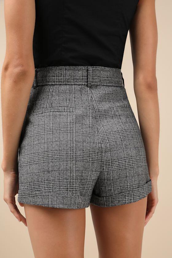 Confidently Posh Grey Plaid Belted High-Waisted Shorts Product Image
