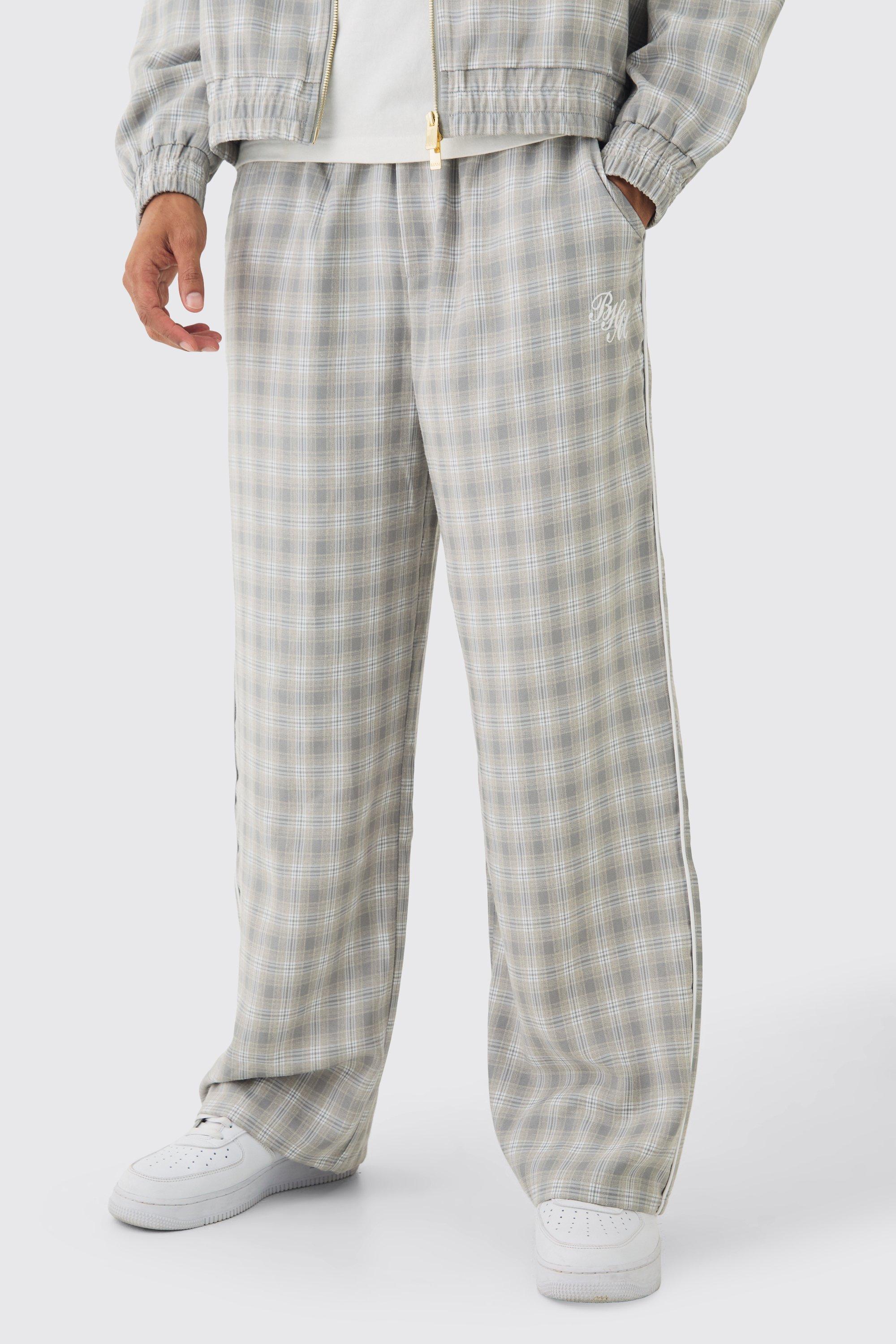 Mens Elasticated Waist Wide Leg Plaid Pants - Beige Product Image