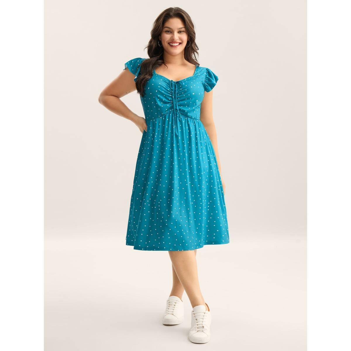 Plus Size Dot Print Ruched Drawstring Midi Dress Cerulean Women Heart neckline Short sleeve Curvy BloomChic 22-24/3X Product Image