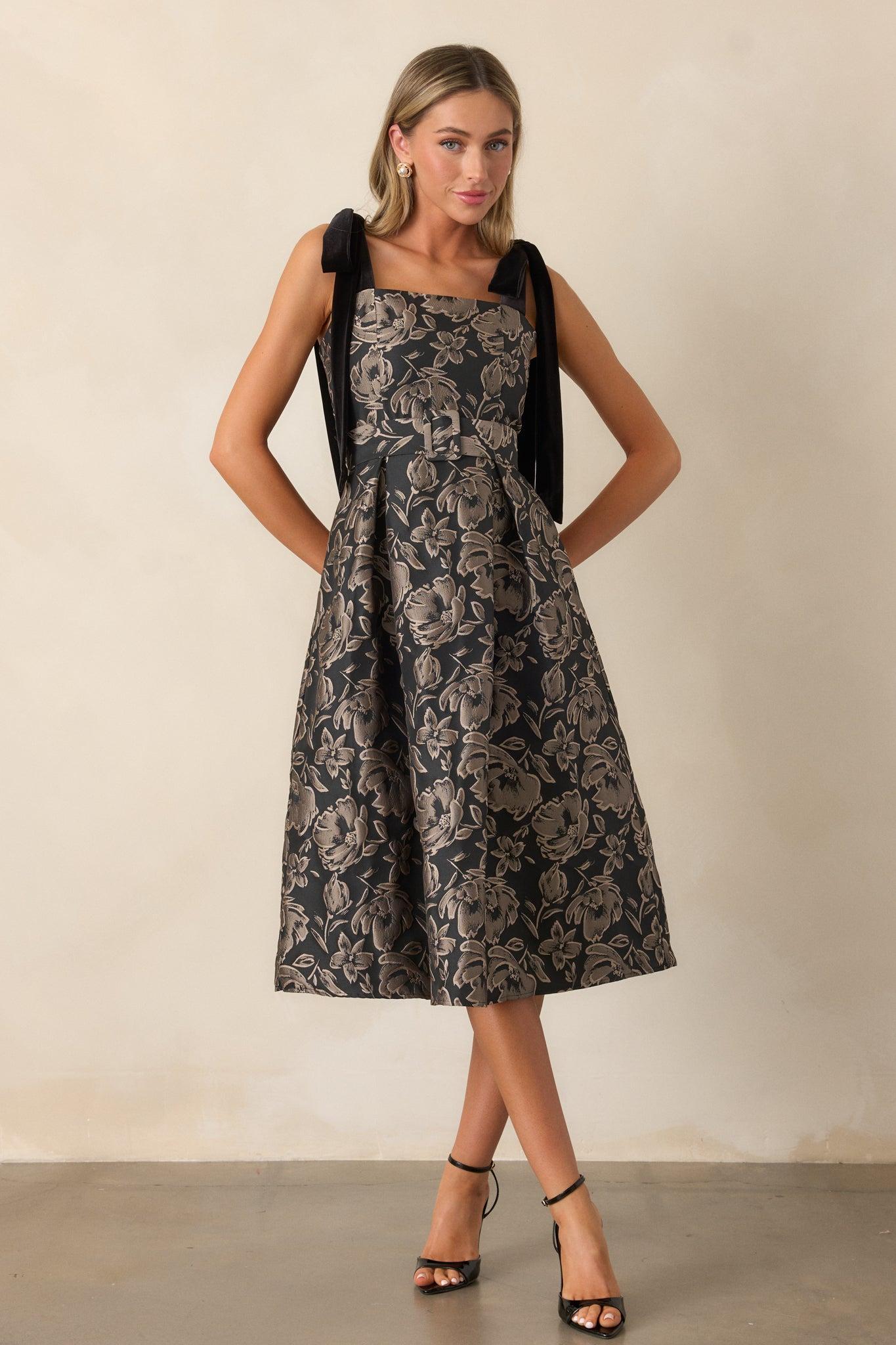 Sweet Disposition Black Floral Jacquard Midi Dress Product Image