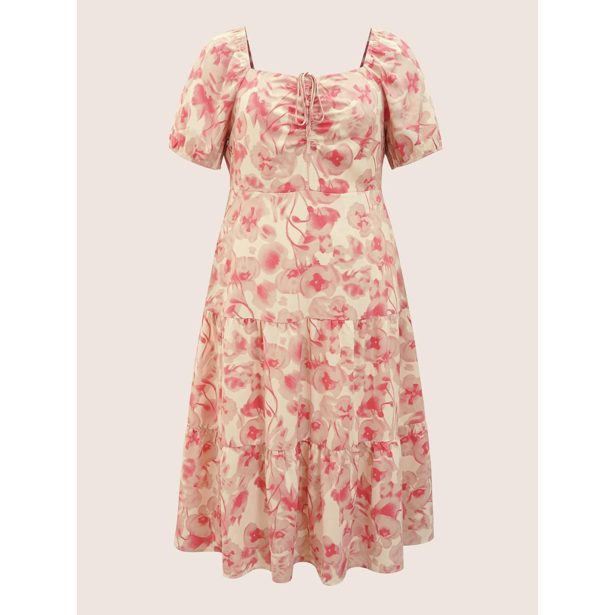 Plus Size Floral Drawstring Tie Knot Puff Sleeve Midi Dress Blush Women Elegant Gathered Square Neck Short sleeve Curvy BloomChic 30/6X Product Image