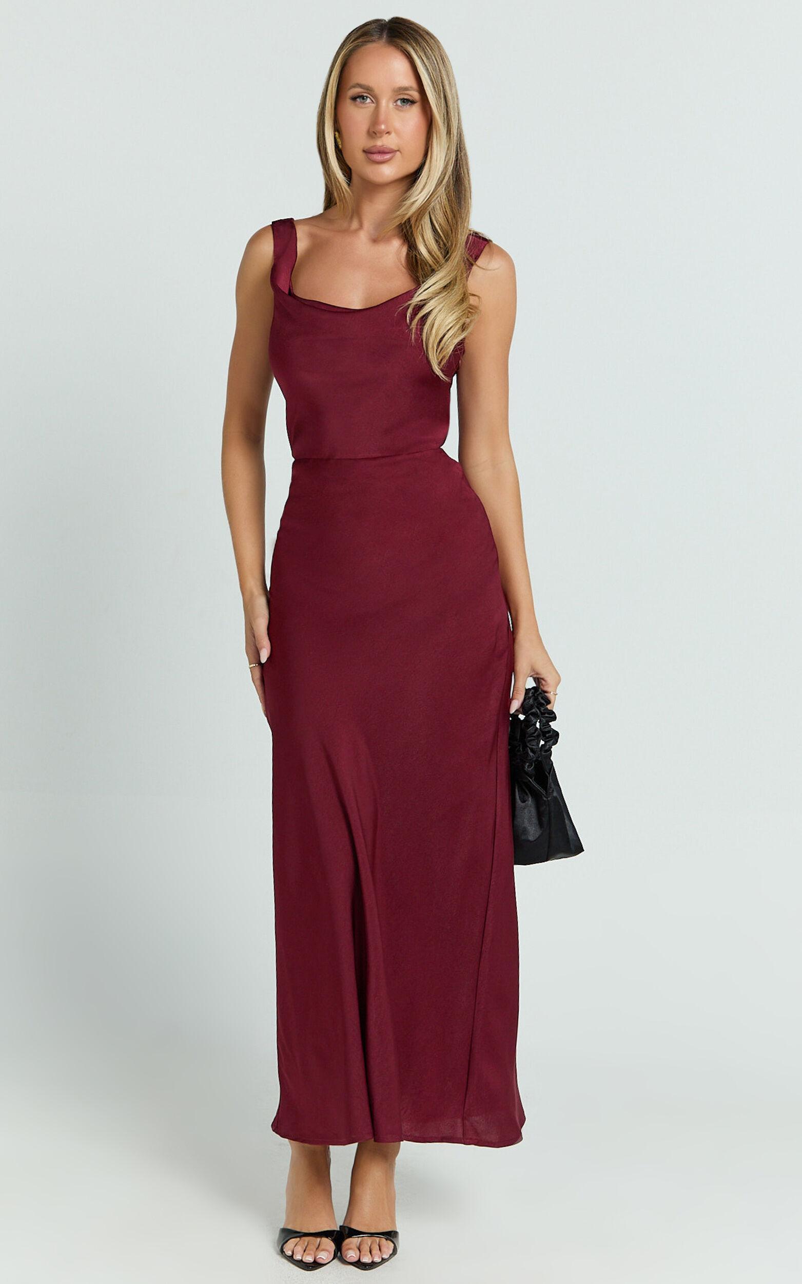 Dara Midi Dress - Low Neck Sleeveless Slip Dress in Wine Product Image