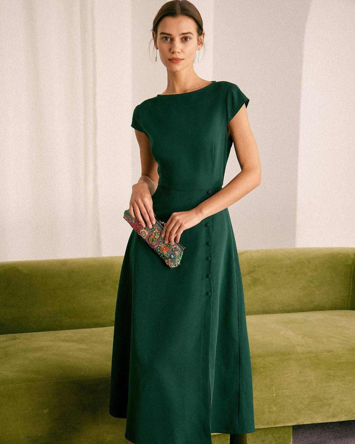The Green Boat Neck Cutout Back Midi Dress Product Image