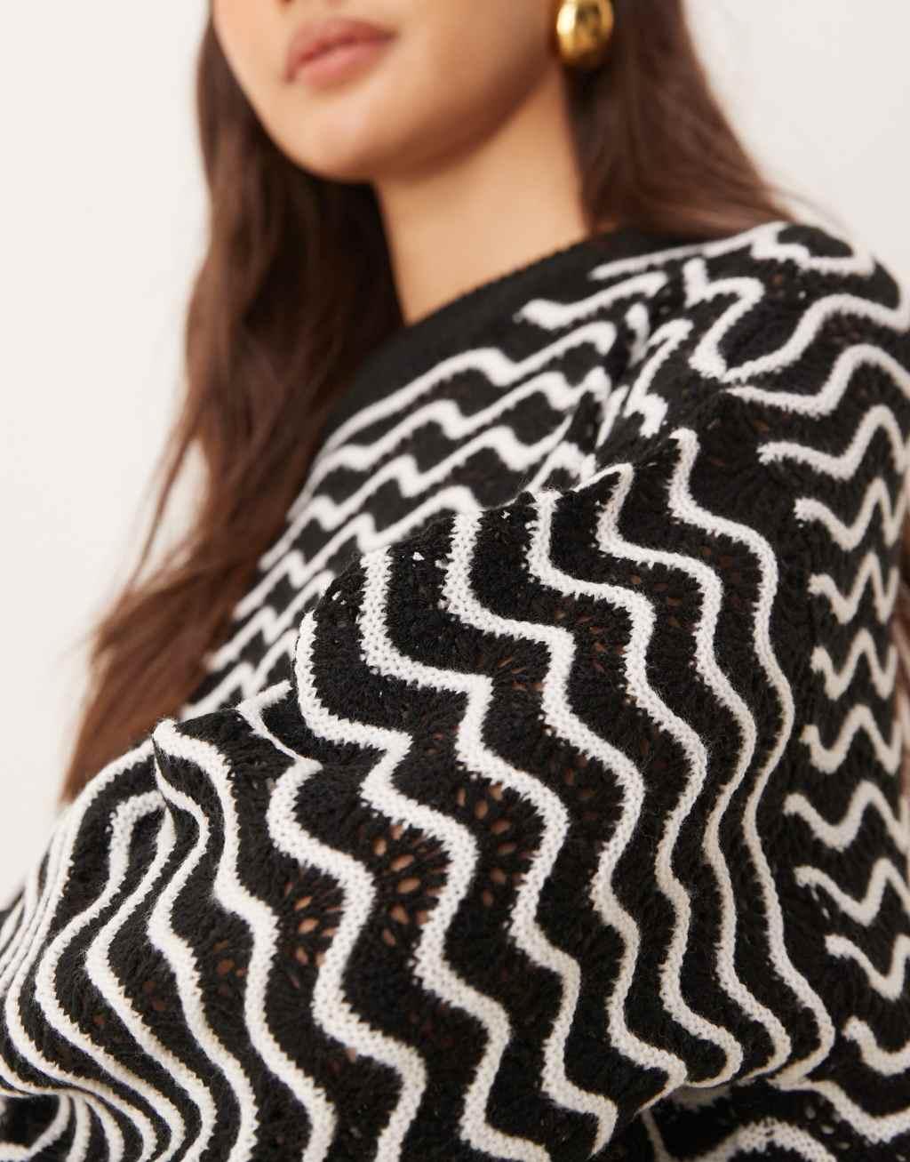JDY zig zag stripe detail sweater in black and white Product Image