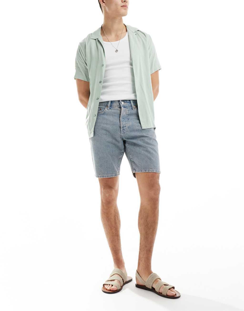 ONLY & SONS Edge straight fit denim shorts in light blue with pink rinse Product Image